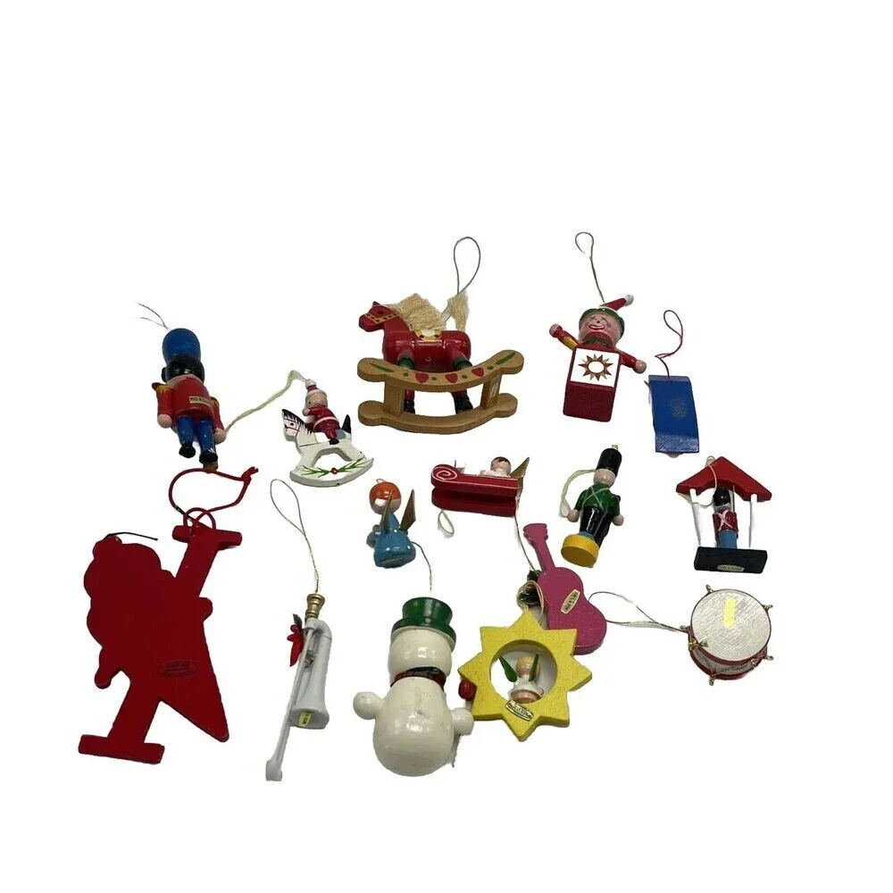 Lot 15 Christmas Ornaments Wood Vintage Mini Wooden Painted Angel Drum Snowman